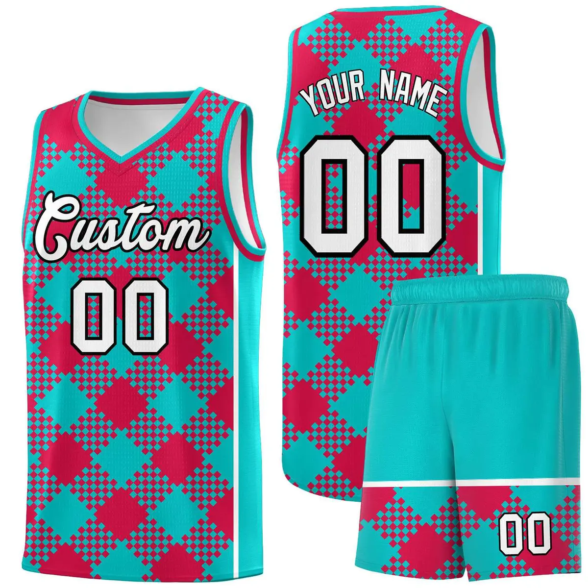 Aqua Red-White Grid Basketball Kits For Team
