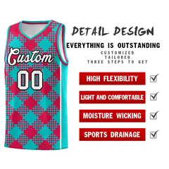 Aqua Red-White Grid Basketball Kits For Team 2