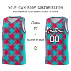 Aqua Red-White Grid Basketball Kits For Team 3