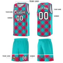 Aqua Red-White Grid Basketball Kits For Team 5