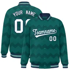 Aqua Ripple Color Block Full-Snap Varsity Letterman Jacket