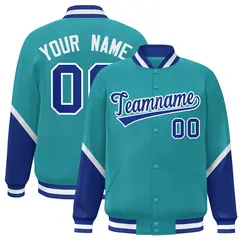 Aqua Royal Color Block Full-Snap Varsity Letterman Baseball Jacket