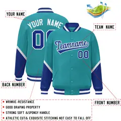 Aqua Royal Color Block Full-Snap Varsity Letterman Baseball Jacket 2
