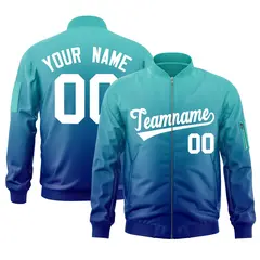 Aqua Royal-White Gradient Full-Zip Letterman Bomber Jacket