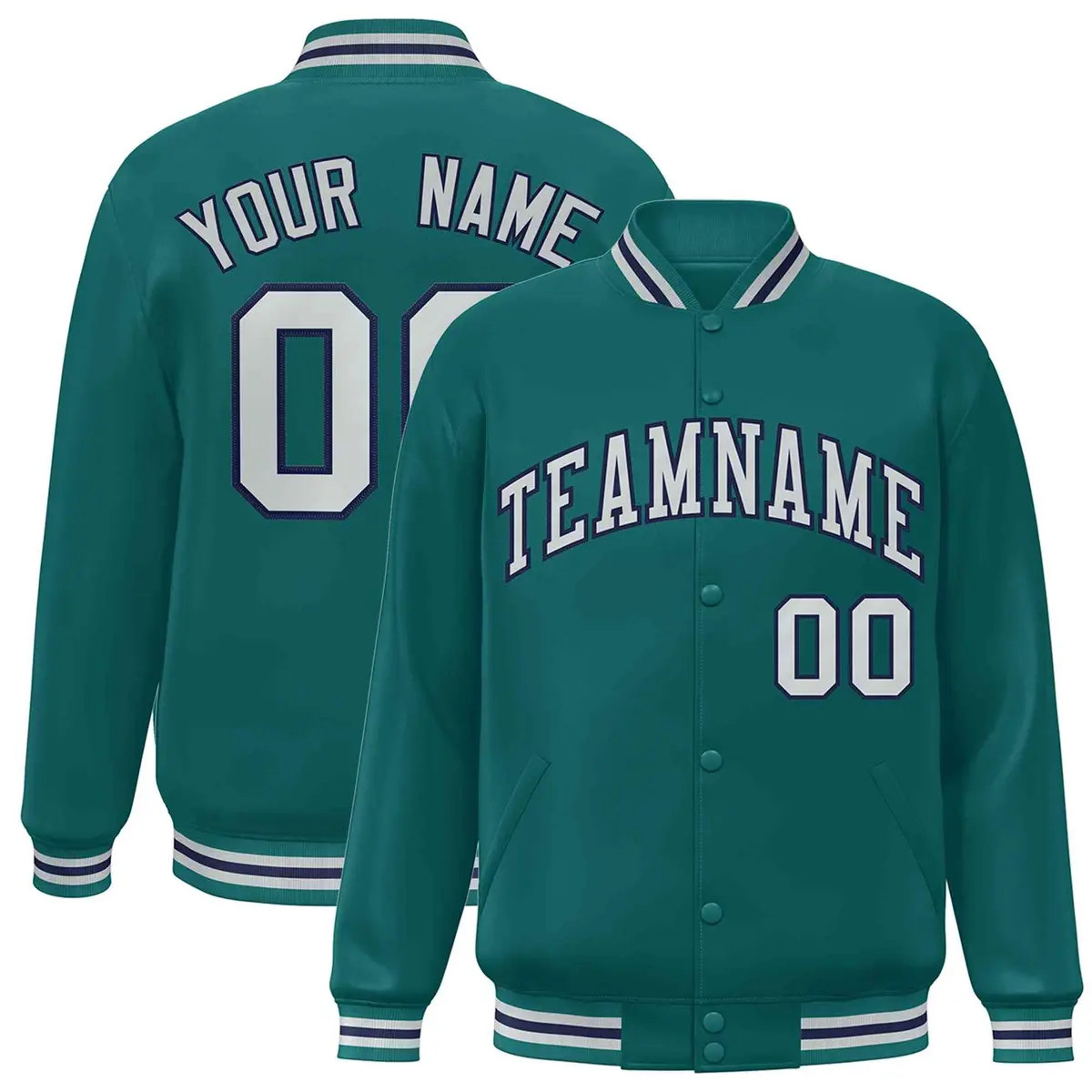 Aqua Silver-Navy Blue Varsity Full-Snap Bomber Letterman Jacket