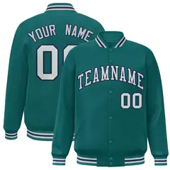 Aqua Silver-Navy Blue Varsity Full-Snap Bomber Letterman Jacket
