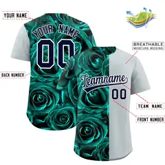 Aqua Silver Rose Print Split Baseball Jersey 2