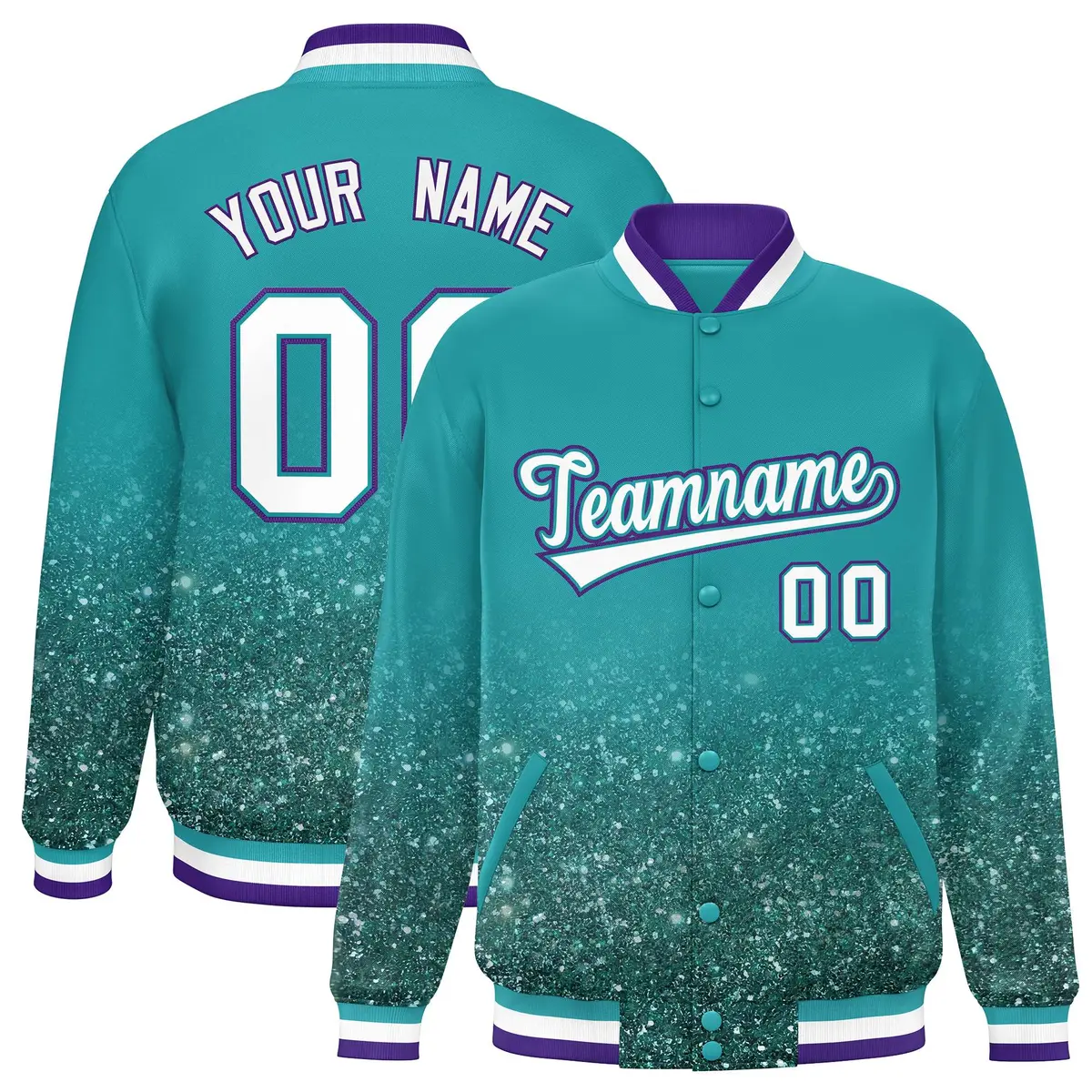 Aqua Sparkle-Effect Varsity Full-Snap Letterman Baseball Jacket
