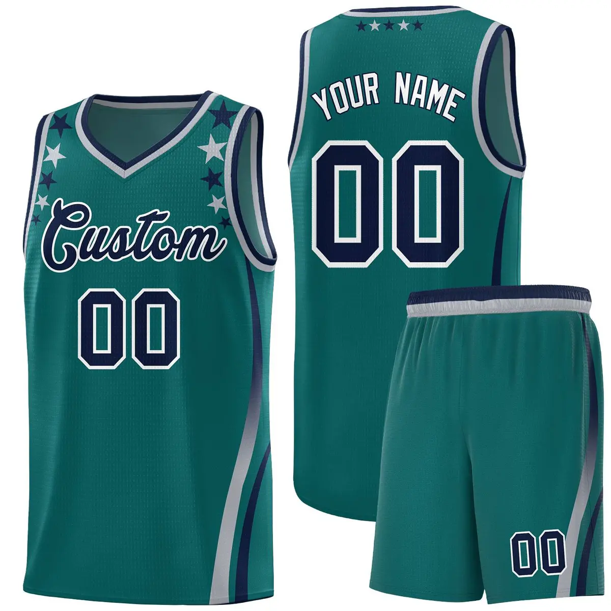 Aqua Star Pattern Color Block Shoulders Basketball Jersey