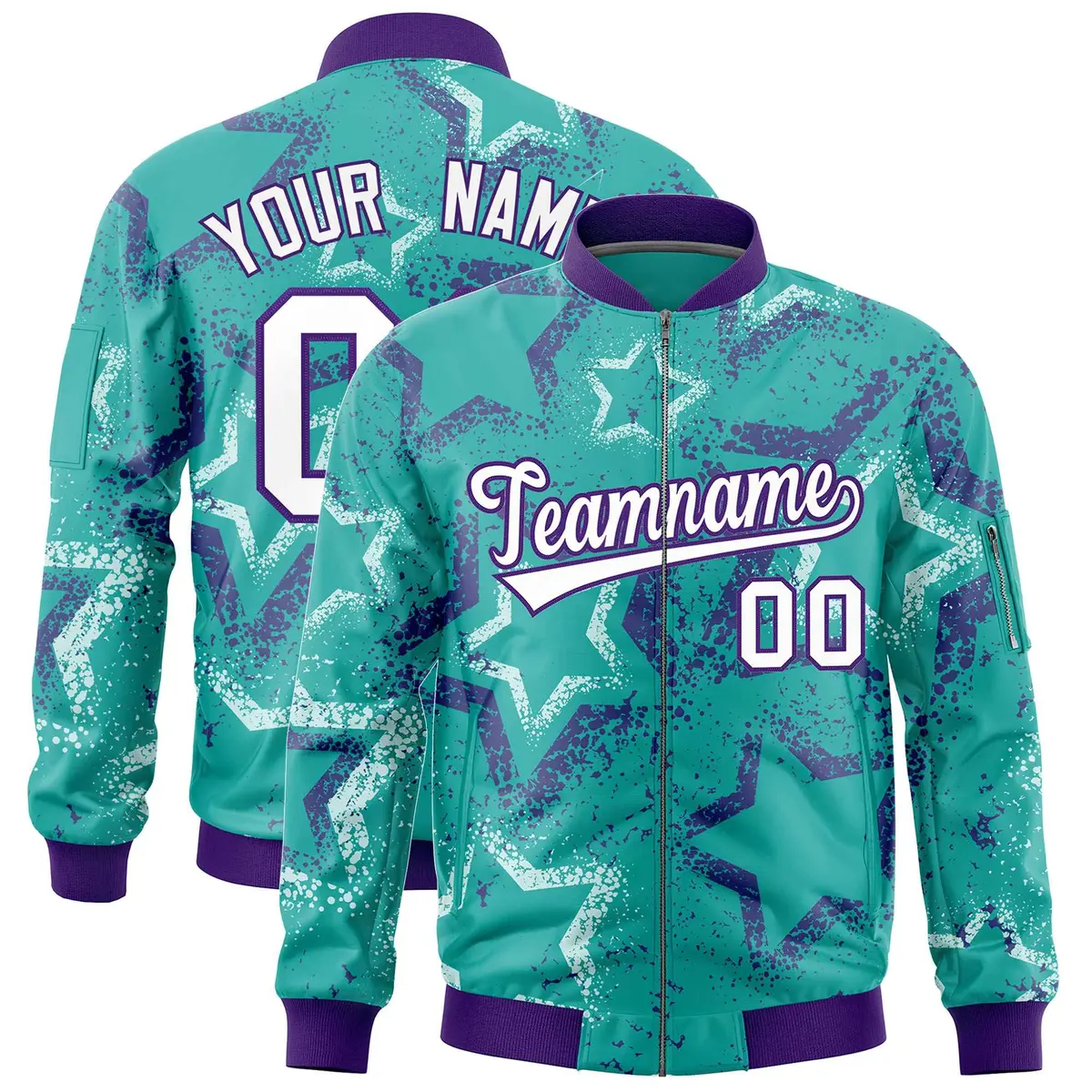 Aqua Star Pattern Varsity Letterman Bomber Jacket