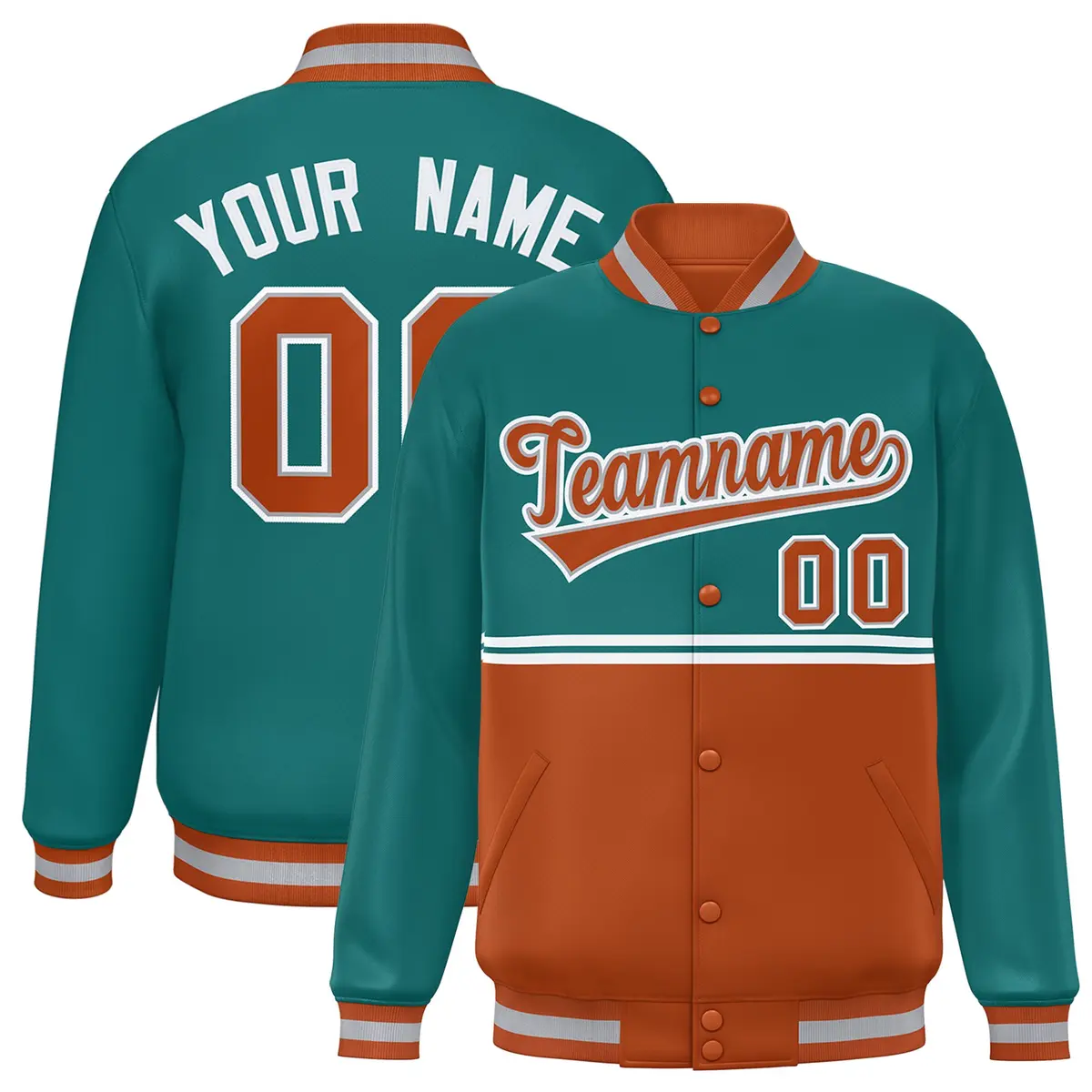 Aqua Texas Orange Color Block Varsity Full-Snap Letterman Jacket