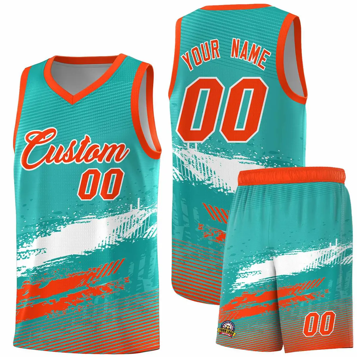 Aqua White and Orange Graffiti Basketball Jersey