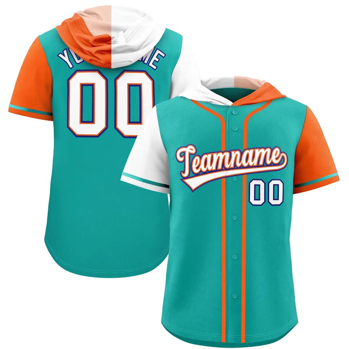 Aqua White and Orange Split Raglan Baseball Hoodie Jersey