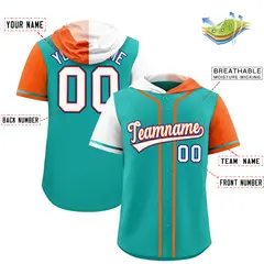 Aqua White and Orange Split Raglan Baseball Hoodie Jersey 2