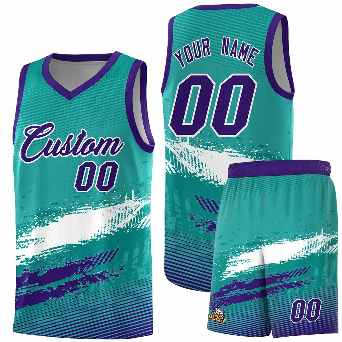 Aqua White and Purple Graffiti Pattern Basketball Jersey