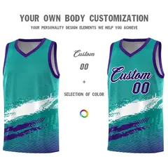 Aqua White and Purple Graffiti Pattern Basketball Jersey 3