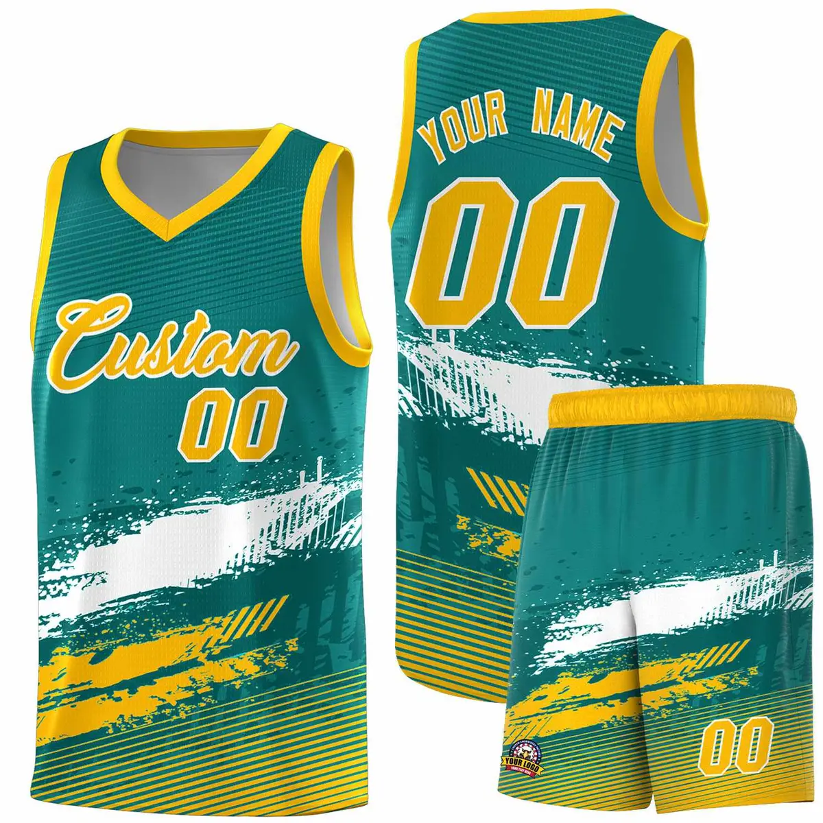 Aqua White and Yellow Graffiti Basketball Jersey