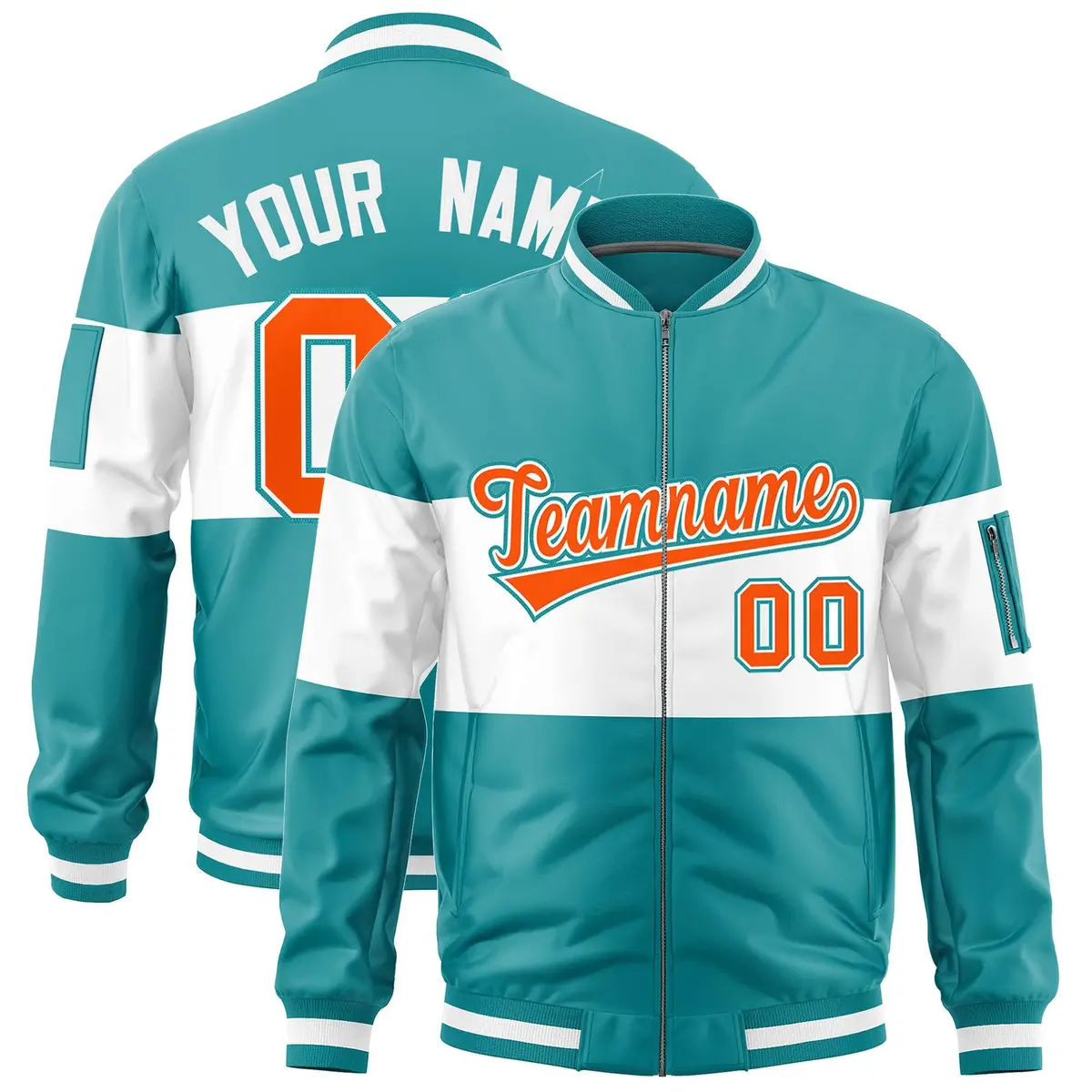 Aqua White-Aqua Color Block Varsity Letterman Bomber Jacket
