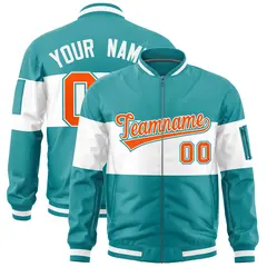 Aqua White-Aqua Color Block Varsity Letterman Bomber Jacket