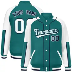 Aqua White-Aqua Raglan Sleeves Full-Snap Letterman Baseball Jacket