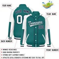Aqua White-Aqua Raglan Sleeves Full-Snap Letterman Baseball Jacket 2