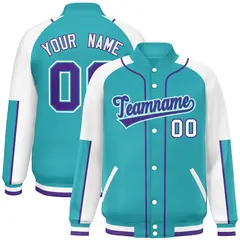 Aqua White-Aqua Raglan Sleeves Full-Snap Letterman Baseball Jacket