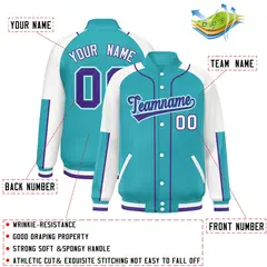 Aqua White-Aqua Raglan Sleeves Full-Snap Letterman Baseball Jacket 2