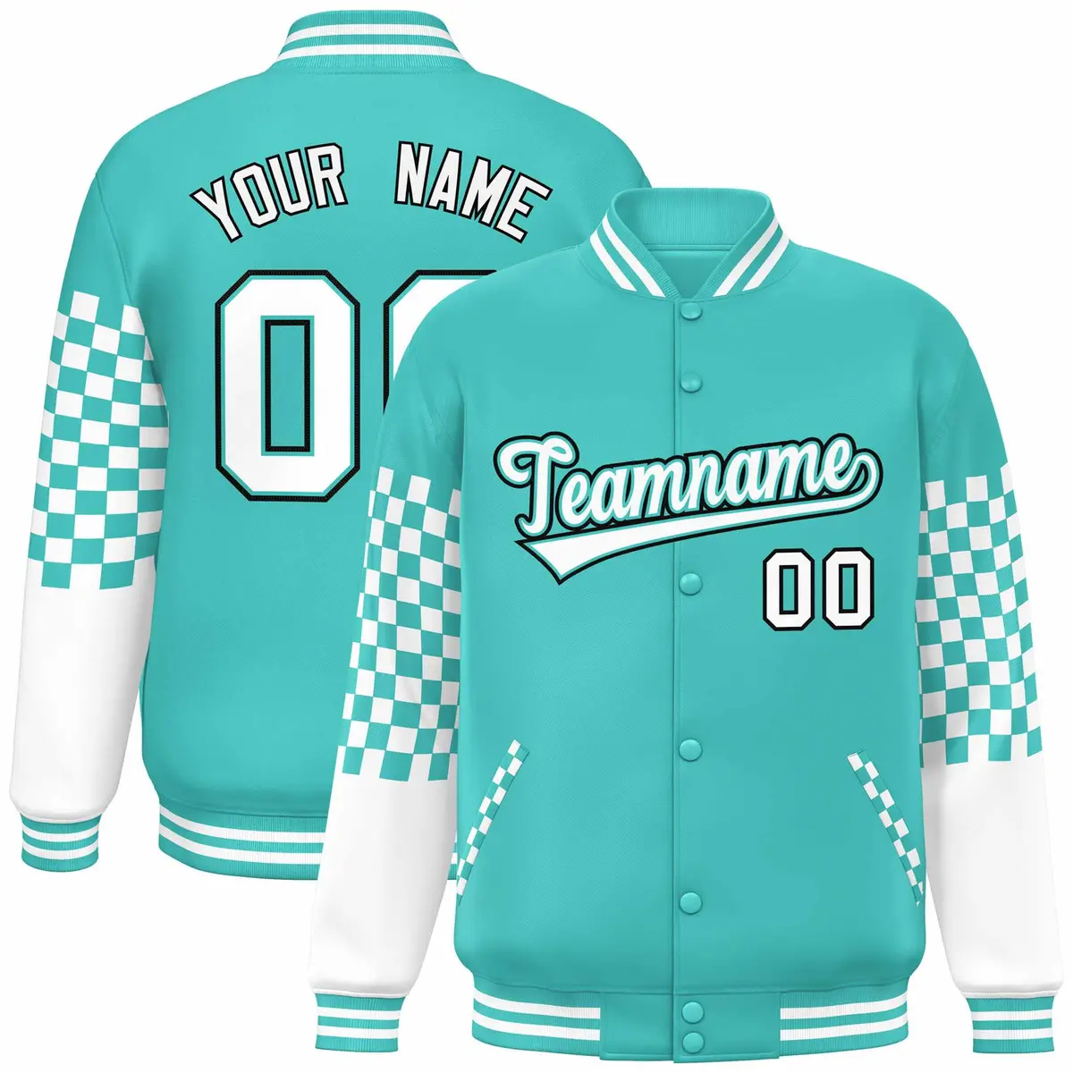 Aqua White-Black Checkered Color Block Varsity Bomber Jacket