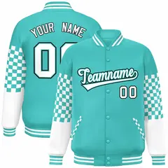 Aqua White-Black Checkered Color Block Varsity Bomber Jacket