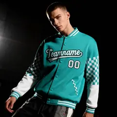 Aqua White-Black Checkered Color Block Varsity Bomber Jacket 2