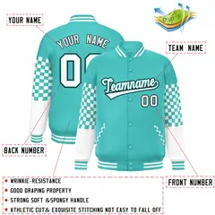Aqua White-Black Checkered Color Block Varsity Bomber Jacket 3