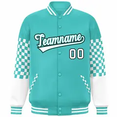 Aqua White-Black Checkered Color Block Varsity Bomber Jacket 4