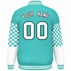 Aqua White-Black Checkered Color Block Varsity Bomber Jacket 5