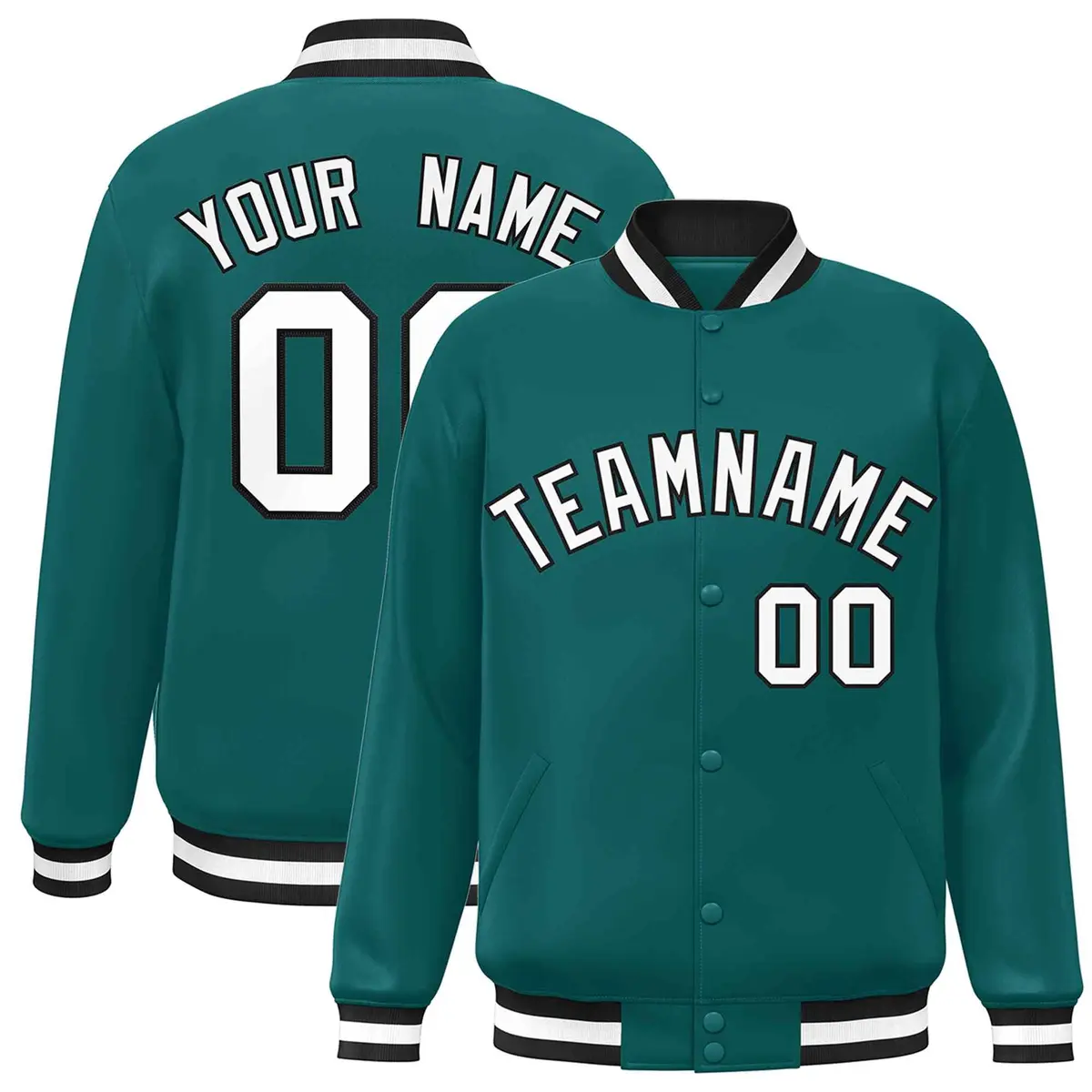 Aqua White-Black Full-Snap Varsity Letterman Jacket
