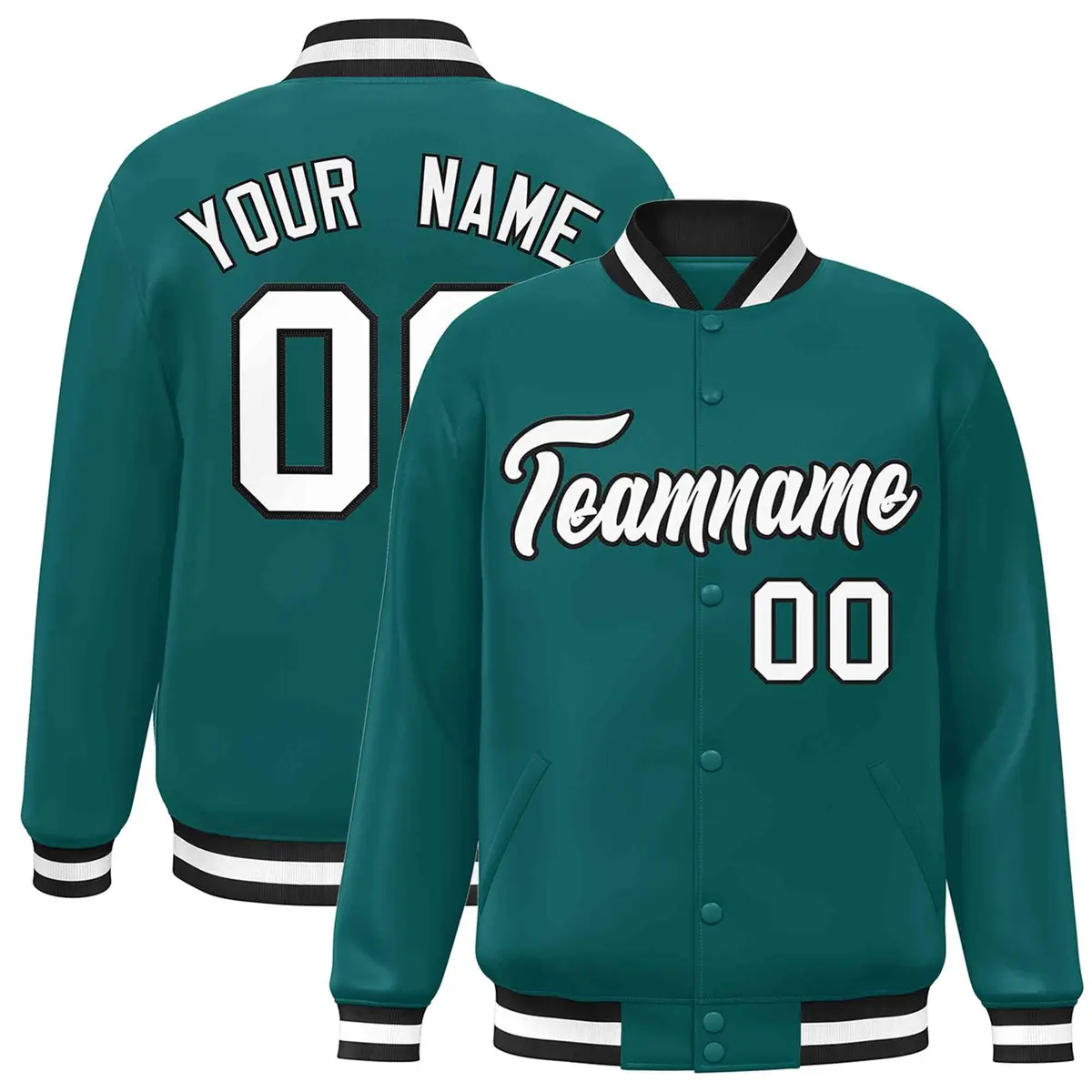 Aqua White-Black Full-Snap Varsity Letterman Jacket
