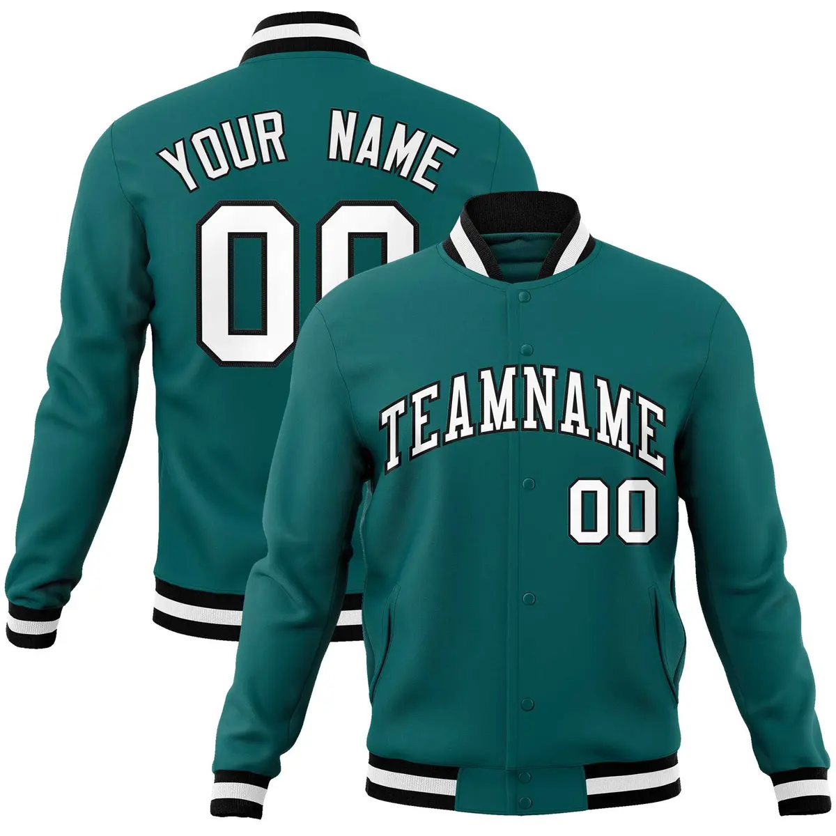 Aqua White-Black Full-Snap Varsity Letterman Jacket