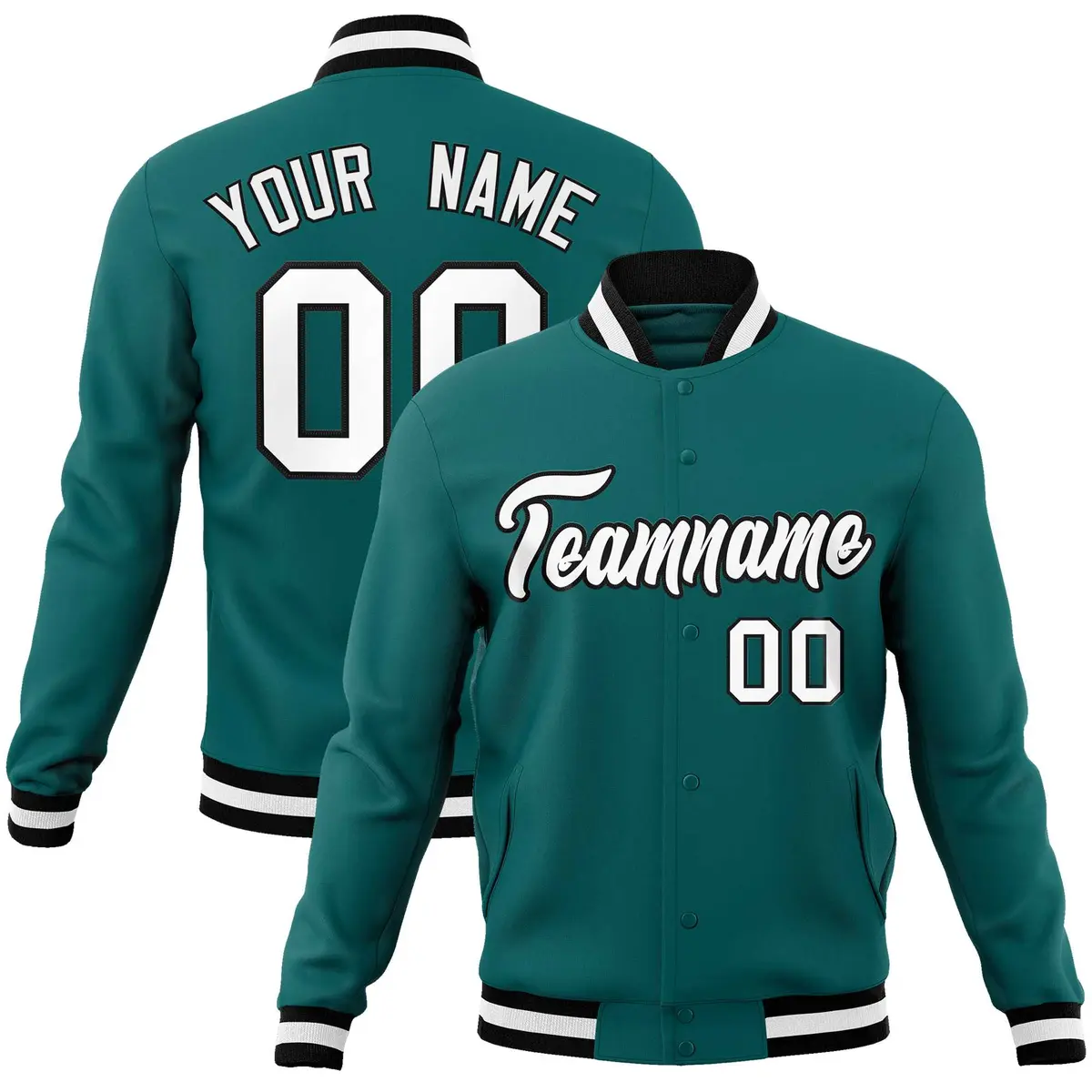 Aqua White-Black Full-Snap Varsity Letterman Jacket