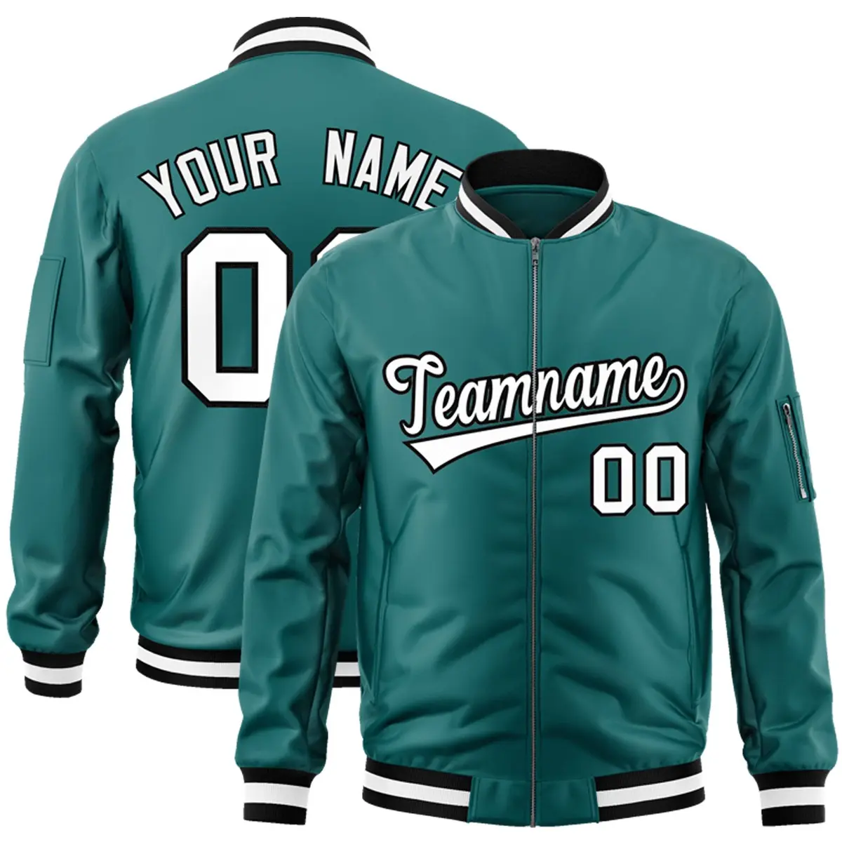 Aqua White-Black Varsity Full-Zip Letterman Bomber Jacket