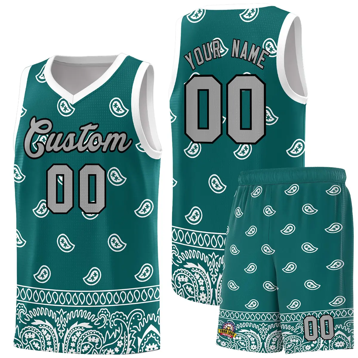 Aqua White Cashew Pattern Sports Basketball Jersey