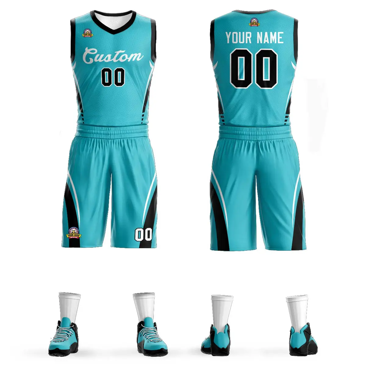 Aqua White Classic Mesh Basketball Jersey Sets