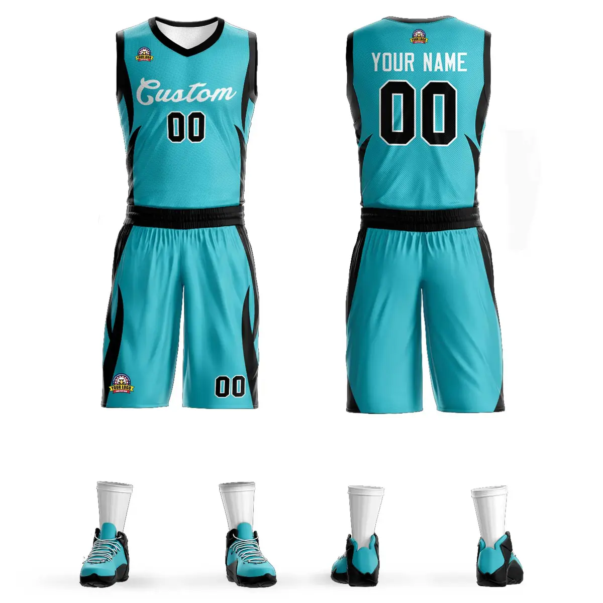 Aqua White Classic Mesh Basketball Jersey Sets