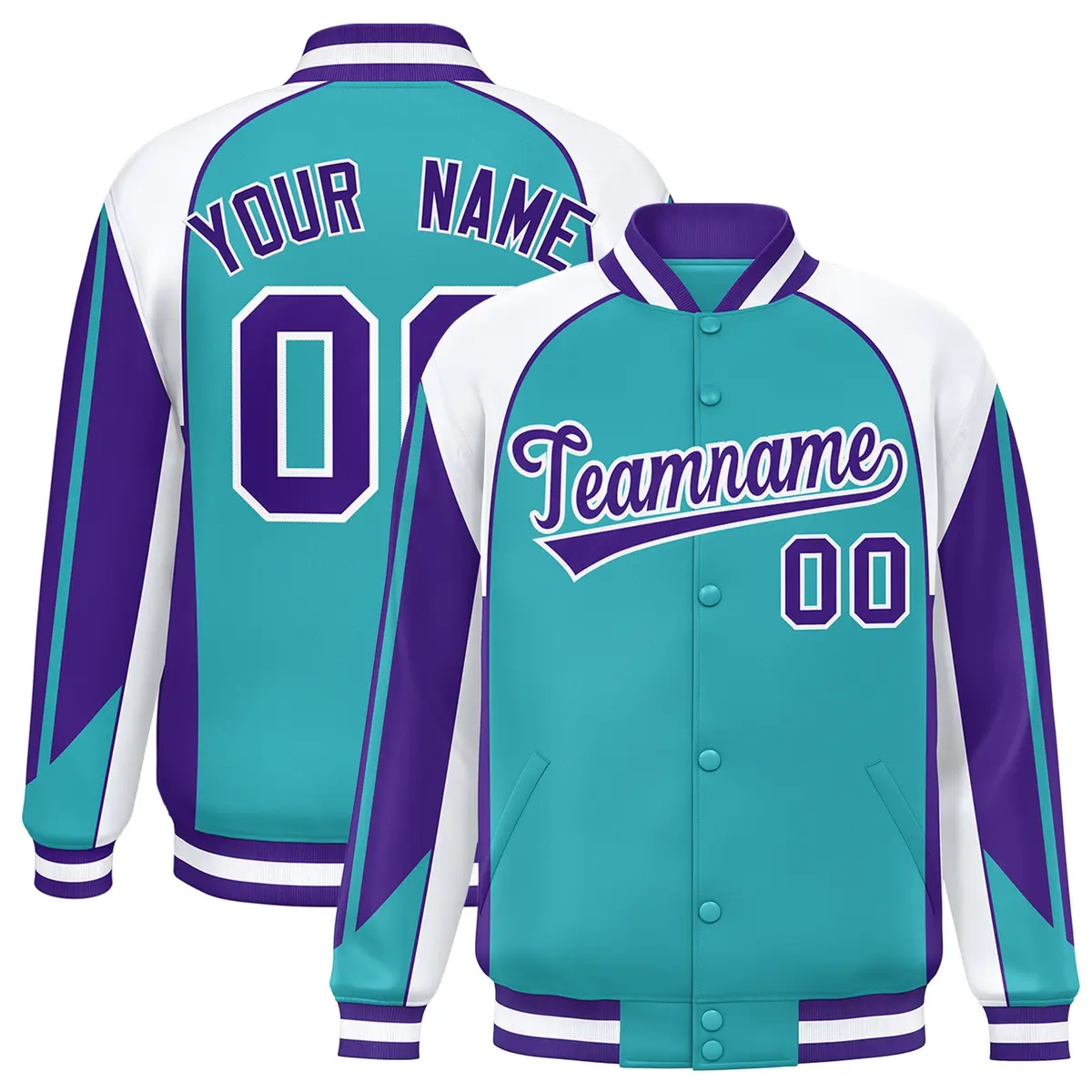 Aqua White Color Block Varsity Raglan Letterman Jacket