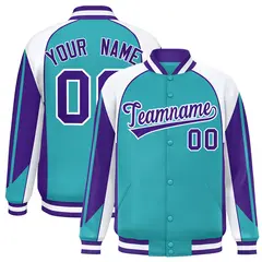 Aqua White Color Block Varsity Raglan Letterman Jacket