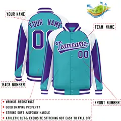 Aqua White Color Block Varsity Raglan Letterman Jacket 2