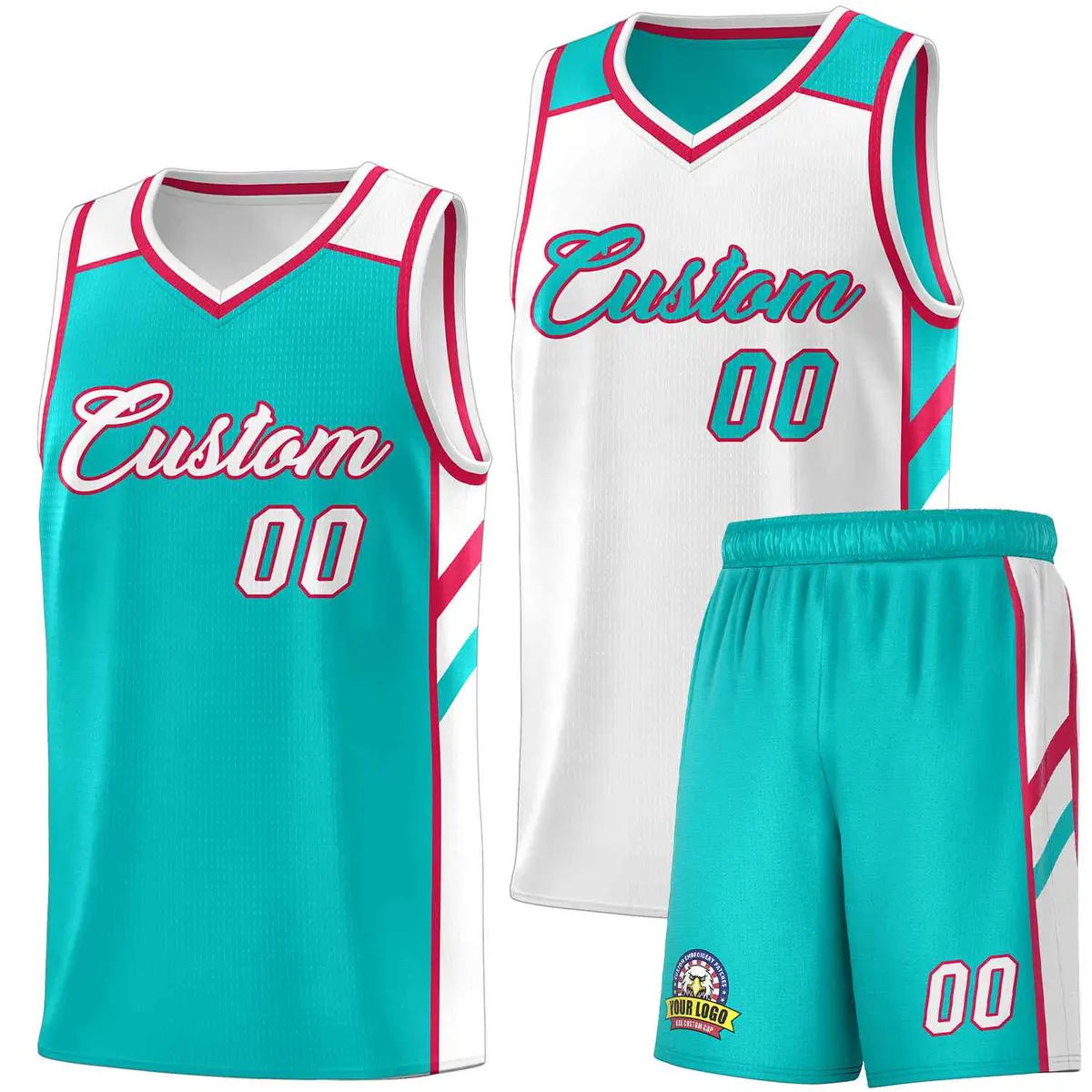 Aqua White Double Side Sets Basketball Jersey for Men