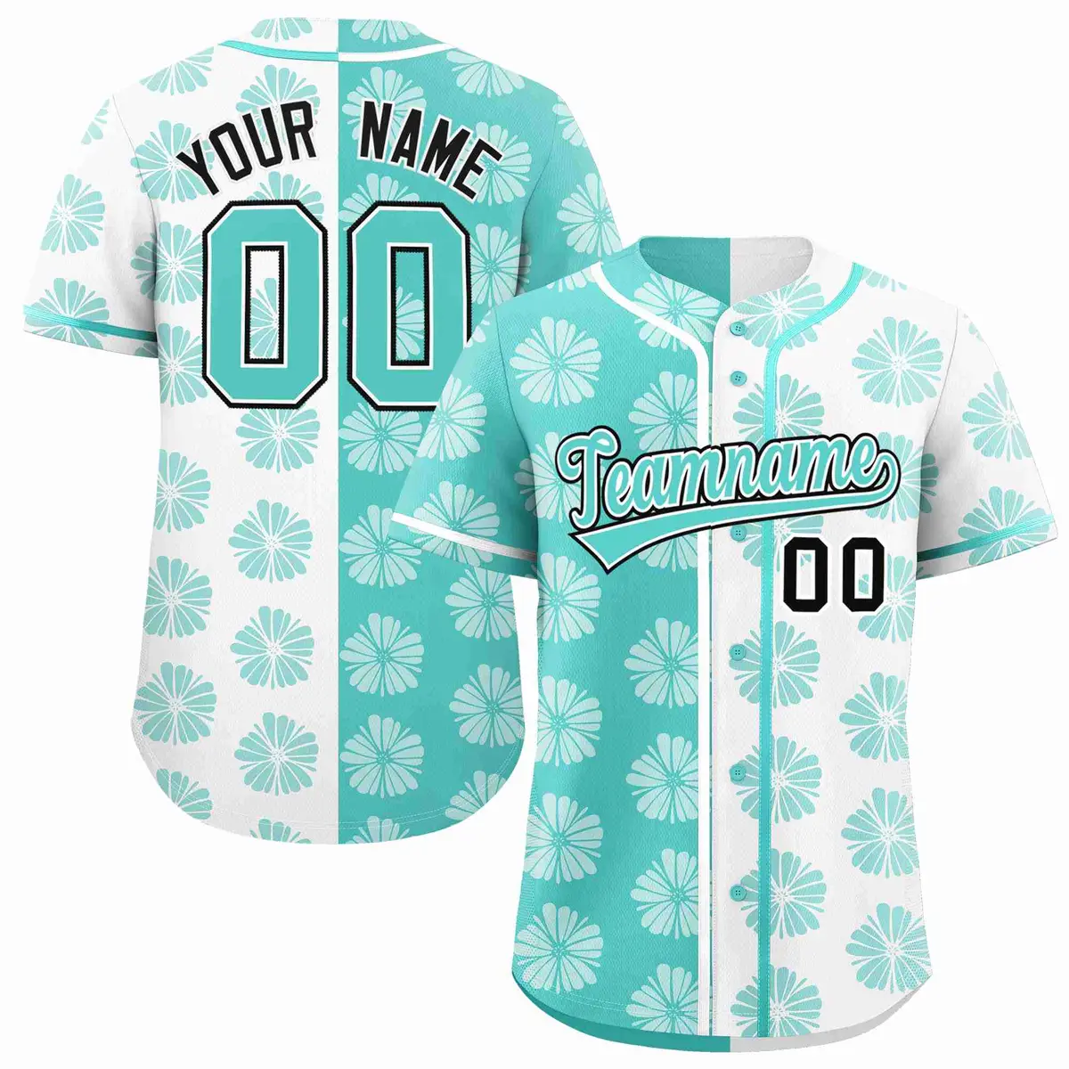Aqua White Flower Graffiti Split Baseball Jersey