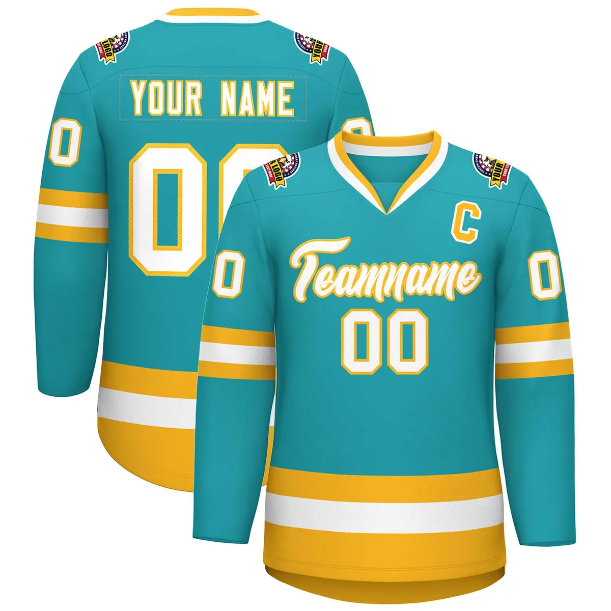 Aqua White-Gold Classic Style Hockey Jersey
