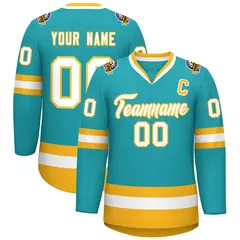 Aqua White-Gold Classic Style Hockey Jersey 1