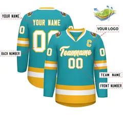 Aqua White-Gold Classic Style Hockey Jersey 2