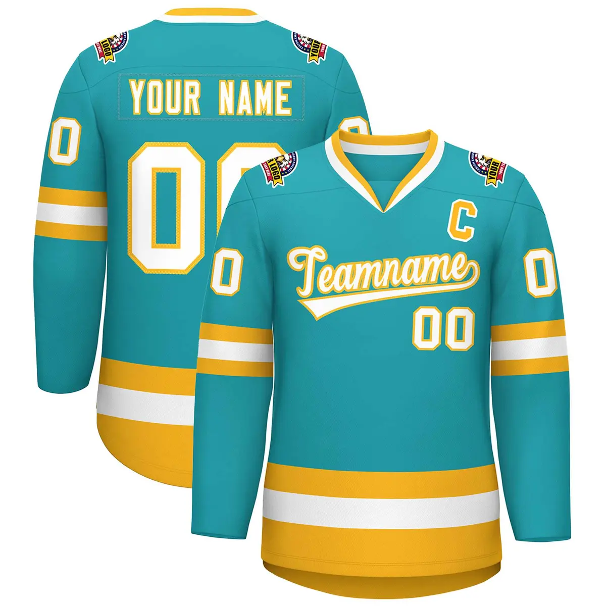 Aqua White-Gold Classic Style Hockey Jersey